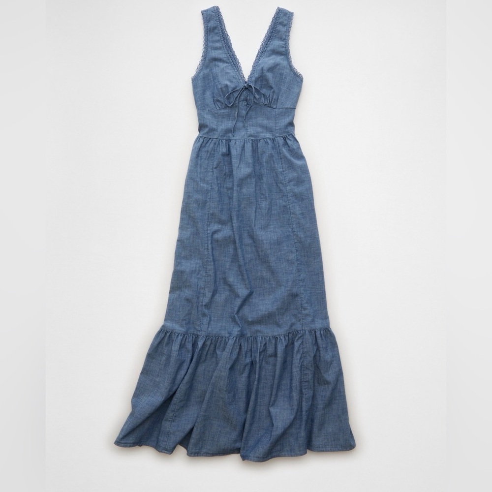 American Eagle Tie Front Milkmaid Western Denim Midi Easter Dress
